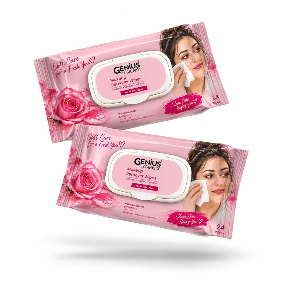 Two packs of Genius Hygienix makeup remover wipes, 24 wipes