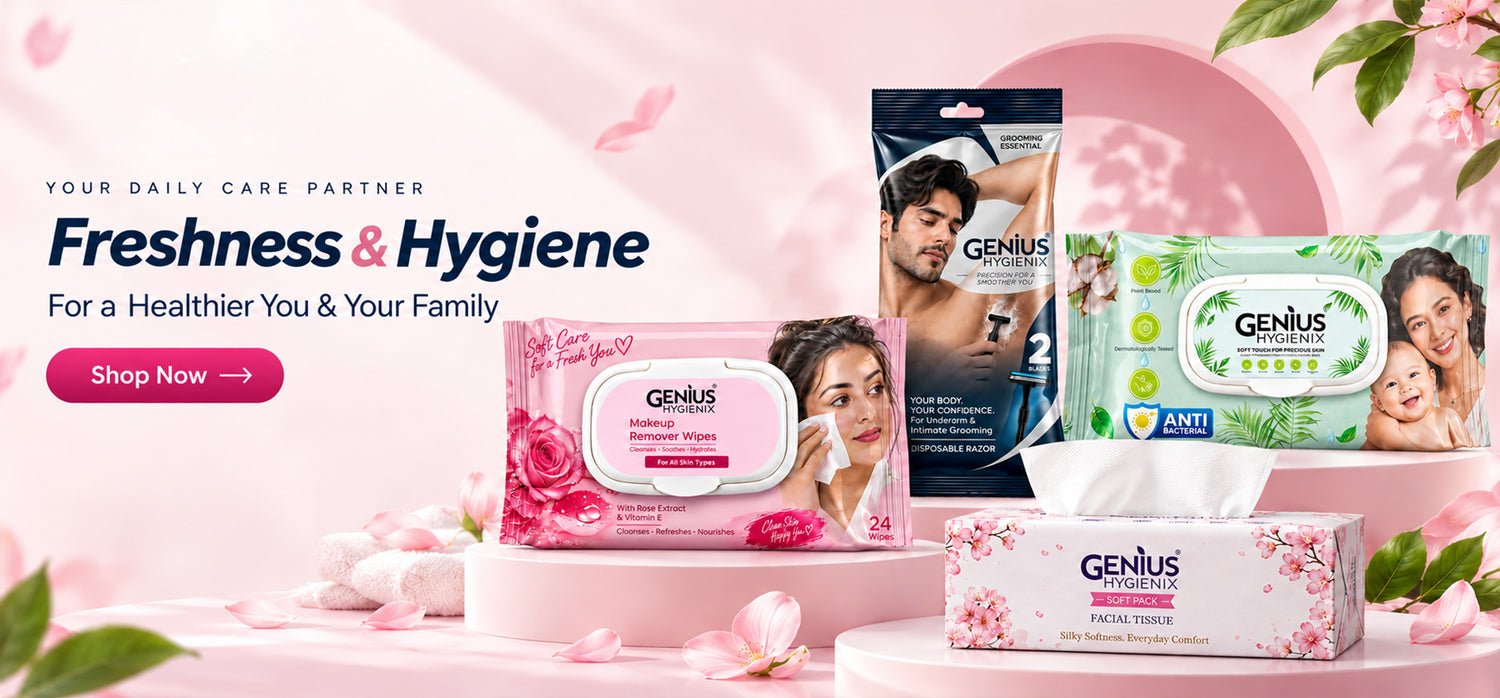 Freshness & Hygiene — Genius Hygienix makeup remover wipes, razor, baby wipes and facial tissue